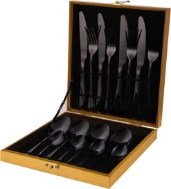 SMILON Bestekset In Koffer Zwart - 16 Delig Messen Vorken Lepels Voor 4 Personen - Camping - Ideaal Voor Reizen, Kamperen, Thuis