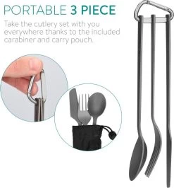 Navaris Campingbestek Van Titanium - Set Met Vork, Mes En Lepel - Bestekset Voor Onderweg En Op Reis - Inclusief Karabijnhaak En Bewaarzakje -Outdoor Camping Shop 1115x1200