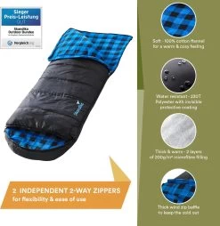 Skandika Dundee Flannel-L Slaapzak – Mummmieslaapzakken – Slaapzakken Volwassen - Maat M – Unisex - Katoen, Luxe Kwaliteit, Dubbele Slaapzak, 3 Seizoenen, Tot -20°C - 220 X 80 Cm - Outdoor Kampeerslaapzak – Ritssluiting Links - Zwart/blauw -Outdoor Camping Shop 1168x1200
