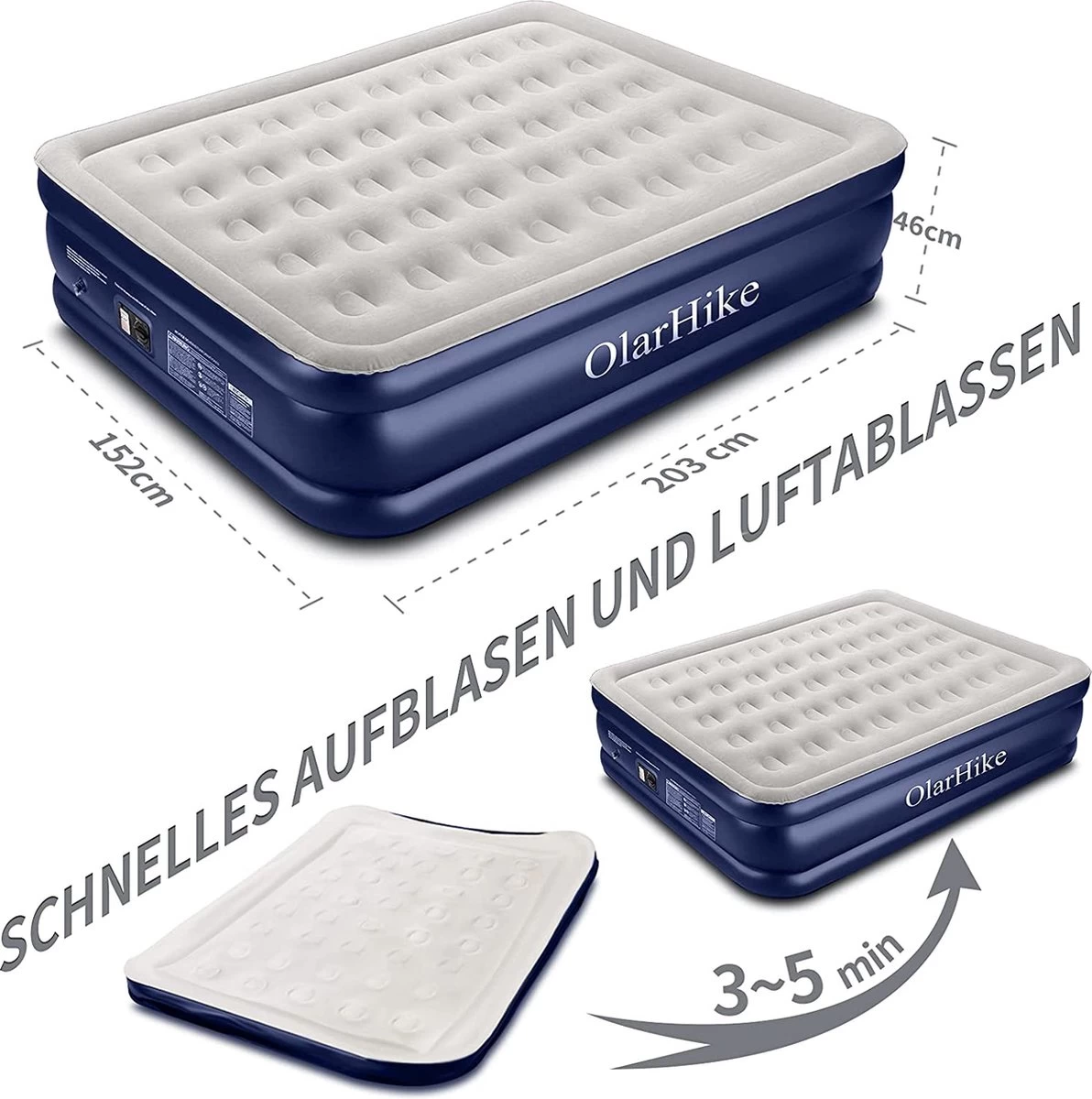 OlarHike Queen Size Luchtmatras Met Geïntegreerde Elektrische Pomp, Zelfopblazend Luchtbed, Voor 2 Personen, Premium Gastenbed, Opblaasbaar Matras Voor Camping Of Thuisgebruik, 203 X 152 X 46 Cm 5 OlarHike Queen Size Luchtmatras Met Geïntegreerde Elektrische Pomp, Zelfopblazend Luchtbed, Voor 2 Personen, Premium Gastenbed, Opblaasbaar Matras Voor Camping Of Thuisgebruik, 203 X 152 X 46 Cm - Afbeelding 3