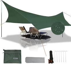 Merkloos BRGOOD Tarps - Shelter - Rechthoek - 240*220cm - Waterdicht - Met Scheerlijnen En Haringen - Geen Stokken - Voor Kamperen - Groen