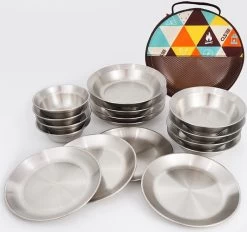 Merkloos Kampeerservies Roestvrijstaal Borden En Kommen 16-delig Servies RVS