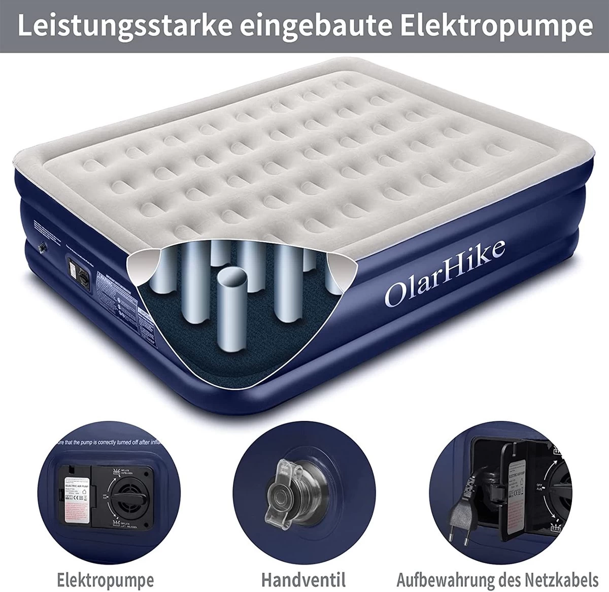 OlarHike Queen Size Luchtmatras Met Geïntegreerde Elektrische Pomp, Zelfopblazend Luchtbed, Voor 2 Personen, Premium Gastenbed, Opblaasbaar Matras Voor Camping Of Thuisgebruik, 203 X 152 X 46 Cm 4 OlarHike Queen Size Luchtmatras Met Geïntegreerde Elektrische Pomp, Zelfopblazend Luchtbed, Voor 2 Personen, Premium Gastenbed, Opblaasbaar Matras Voor Camping Of Thuisgebruik, 203 X 152 X 46 Cm - Afbeelding 2