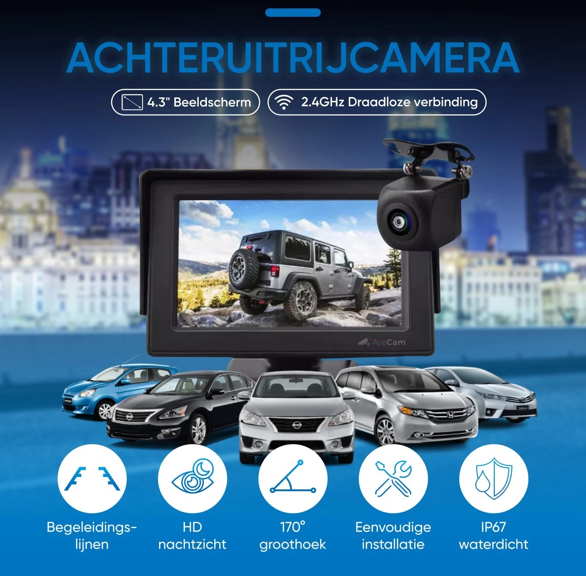 AyeCam Achteruitrijcamera - 4,3 Inch Scherm - 2 Kanaals – Nachtzicht - Incl. Begeleidingslijnen 4 AyeCam Achteruitrijcamera - 4,3 Inch Scherm - 2 Kanaals – Nachtzicht - Incl. Begeleidingslijnen - Afbeelding 2
