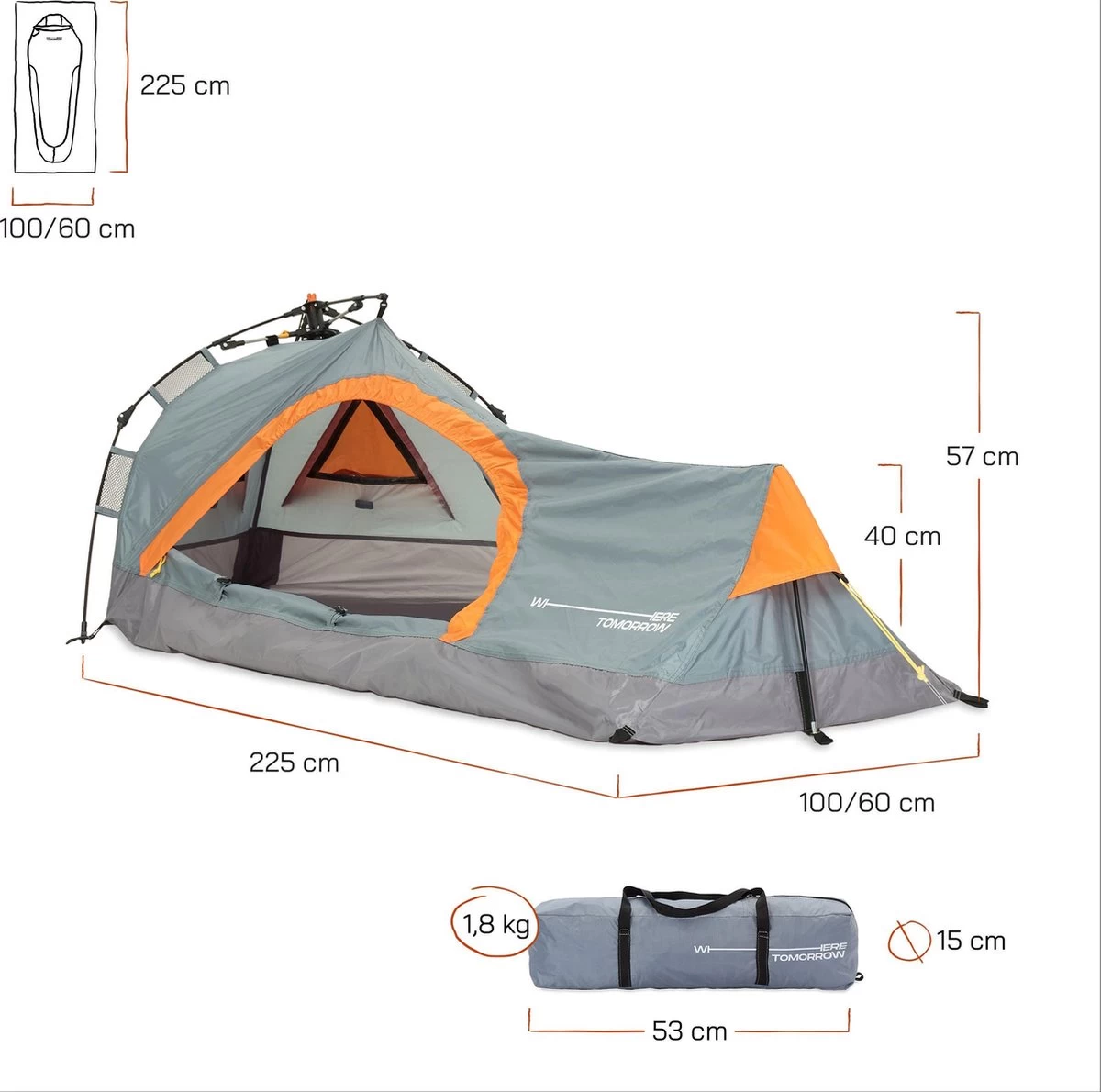 Where Tomorrow Solo Tent Pop Up 225X100X57 Cm - Grijs - 1 Persoons 8 Where Tomorrow Solo Tent Pop Up 225X100X57 Cm - Grijs - 1 Persoons - Afbeelding 6