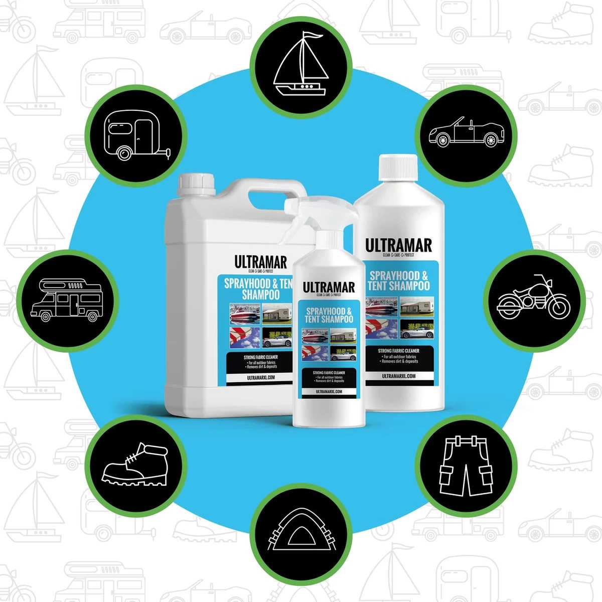 Ultramar - Sprayhood & Tent Shampoo - 1L - Tentdoekreiniger - Voor Bootkap, Tent, Cabriodak, Zonwering - Tentonderhoud - Bootonderhoud - Schoonmaakmiddel 4 Ultramar - Sprayhood & Tent Shampoo - 1L - Tentdoekreiniger - Voor Bootkap, Tent, Cabriodak, Zonwering - Tentonderhoud - Bootonderhoud - Schoonmaakmiddel - Afbeelding 2
