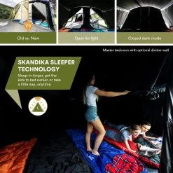 Skandika Montana 8 Sleeper Tent – Tunneltent – 8 Persoons Familietent - Campingtent – Sleeper Technology (2 Tot 4 Extra Donkere Slaapcabines) – Ingenaaide Tentvloer - Muggengaas – 700 X 310 X 200 Cm (LxBxH) – 5000mm Waterkolom – Kamperen – Blauw/wit -Outdoor Camping Shop 1200x1200 873