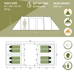 Skandika Montana 8 Sleeper Tent – Tunneltent – 8 Persoons Familietent - Campingtent – Sleeper Technology (2 Tot 4 Extra Donkere Slaapcabines) – Ingenaaide Tentvloer - Muggengaas – 700 X 310 X 200 Cm (LxBxH) – 5000mm Waterkolom – Kamperen – Blauw/wit -Outdoor Camping Shop 1200x1200 874