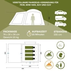Skandika Pitea XL CROSS Tent – Koepeltenten - Autotent – Campingtent Voor SUV, Caddy, Auto, CUV - Voor Max. 4 Personen – Vrijstaand – Met/zonder Slaapcabine – Max. Stahoogte 230 Cm – 3000mm Waterkolom - 475 X 290 X 230 Cm (LxBxH) – Kamperen - Grijs -Outdoor Camping Shop 1200x1200 896