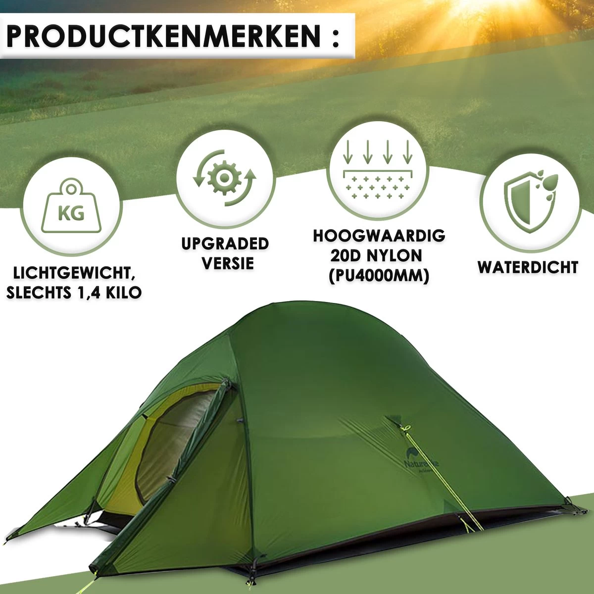 Naturehike® Cloud Up 2 Upgraded - 2 Persoons Tent - Lichtgewicht Tent - Incl. Grondzeil - 20D 4000MM - Outdoor - Waterdicht - Hiking & Wandelen 4 Naturehike® Cloud Up 2 Upgraded - 2 Persoons Tent - Lichtgewicht Tent - Incl. Grondzeil - 20D 4000MM - Outdoor - Waterdicht - Hiking & Wandelen - Afbeelding 2