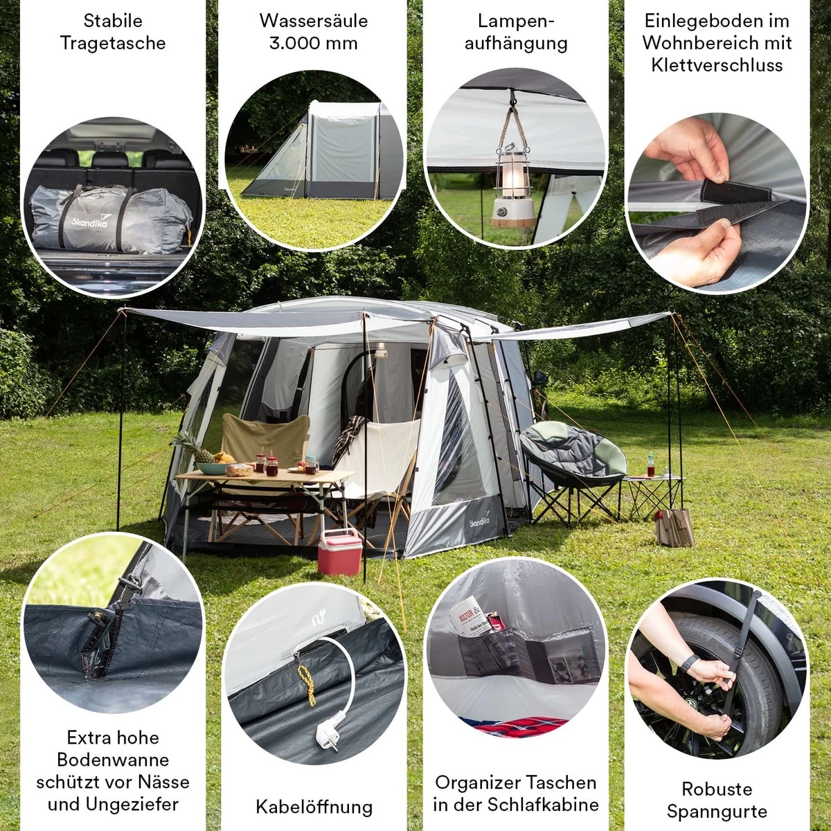 Skandika Pitea XL UP Tent – Koepeltenten - Autotent – 4 Persoons Campingtent Voor SUV, Caddy, Auto, CUV – Vrijstaand – Met/zonder Slaapcabine – Max. Stahoogte 200 Cm – Waterdicht Met 3000mm Waterkolom - 515 X 300 X 200 Cm (LxBxH) – Kamperen - Grijs 4 Skandika Pitea XL UP Tent – Koepeltenten - Autotent – 4 Persoons Campingtent Voor SUV, Caddy, Auto, CUV – Vrijstaand – Met/zonder Slaapcabine – Max. Stahoogte 200 Cm – Waterdicht Met 3000mm Waterkolom - 515 X 300 X 200 Cm (LxBxH) – Kamperen - Grijs - Afbeelding 2