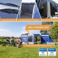 Skandika Montana 8 Tent – Tunneltenten – 8 Persoons Tent – Campingtent – 200 Cm Stahoogte – 2-4 Slaapcabines - Muggengaas – Familietent – 4 Ingangen – 700 X 310 X 200 Cm (L X B X H) - 5000 Mm Waterkolom – Outdoor, Camping – Kamperen – Blauw -Outdoor Camping Shop 1200x1200 964