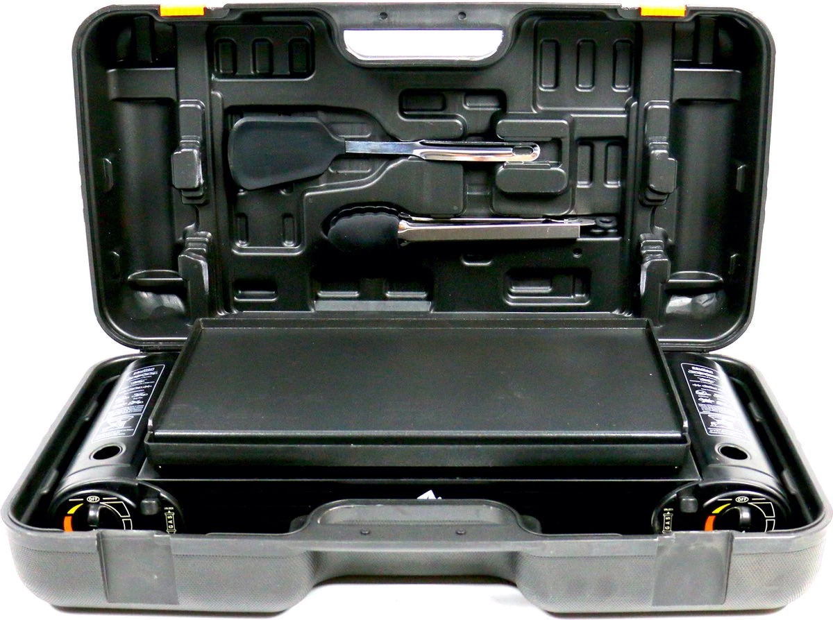 T&S - Draagbaar Dubbel Gasvuur Met Grillplaat En Transportkist - Camping Kooktoestel - Kookstel - Bakplaat - Gasfornuis - 2 Pits - Elektrische Ontsteking - Kookvuur - Kampeer Vuur 4 T&S - Draagbaar Dubbel Gasvuur Met Grillplaat En Transportkist - Camping Kooktoestel - Kookstel - Bakplaat - Gasfornuis - 2 Pits - Elektrische Ontsteking - Kookvuur - Kampeer Vuur - Afbeelding 2