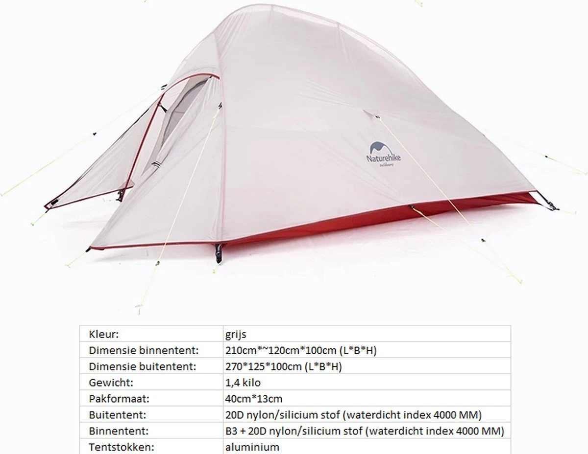 Naturehike® Cloud Up 2 Upgraded - 2 Persoons Tent - Lichtgewicht Tent - Incl. Grondzeil - 20D 4000MM - Outdoor - Waterdicht - Hiking & Wandelen 6 Naturehike® Cloud Up 2 Upgraded - 2 Persoons Tent - Lichtgewicht Tent - Incl. Grondzeil - 20D 4000MM - Outdoor - Waterdicht - Hiking & Wandelen - Afbeelding 4
